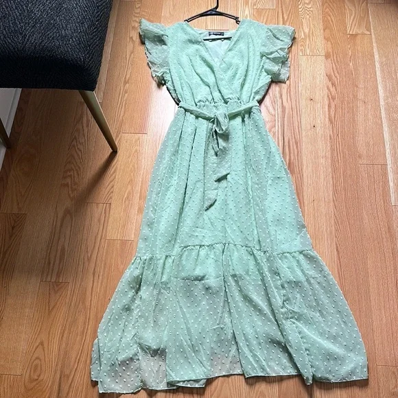 NWOT Bohemian Wrap V Neck Ruffle Cap Sleeveless Belt A-Line Midi Sun Dress - Picture 3 of 5